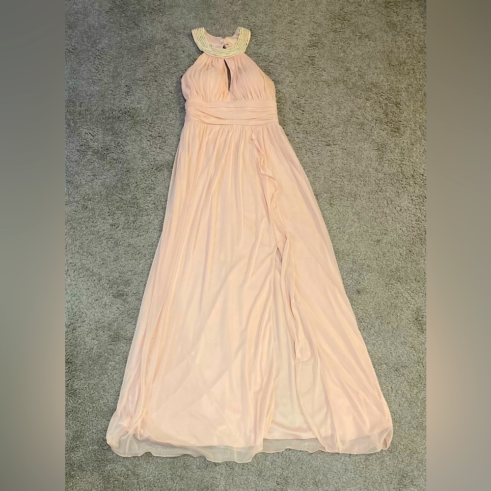 Blush pink formal dress with Pearl neckline
